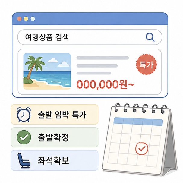 해외여행 상품에서 출발 임박 특가, 출발확정, 좌석확보 조건을 찾는 방법을 보여주는 이미지