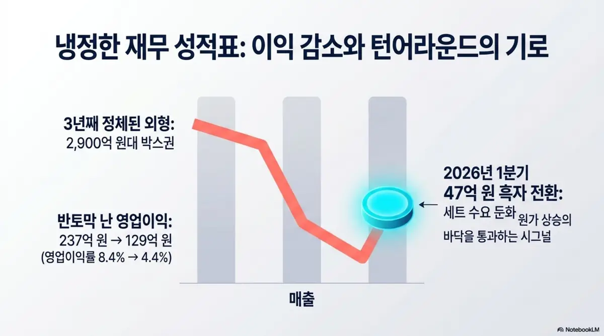 삼화콘덴서 주가 전망: 삼화콘덴서의 최근 3년 재무 성적과 흑자 전환을 보여주는 인포그래픽. 매출 2,900억 원대 정체와 영업이익 237억에서 129억 원으로 반토막 난 흐름, 2026년 1분기 47억 원 흑자 전환으로 바닥을 통과하는 신호를 시각적으로 설명함