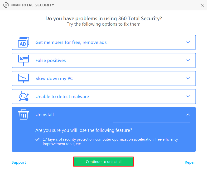 360 total security continue to uninstall
