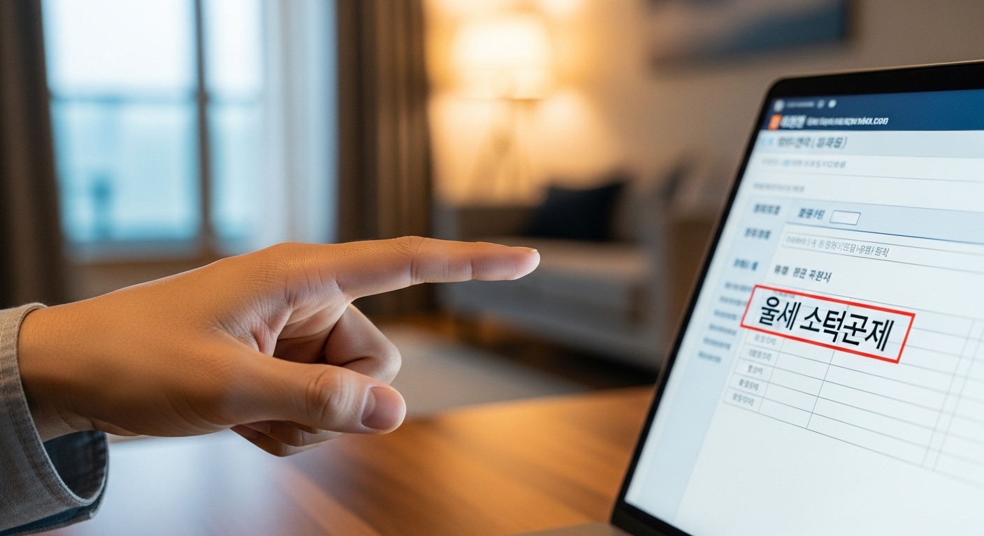 노트북 화면에서 월세 소득공제 항목을 확인하는 젊은 남성의 손