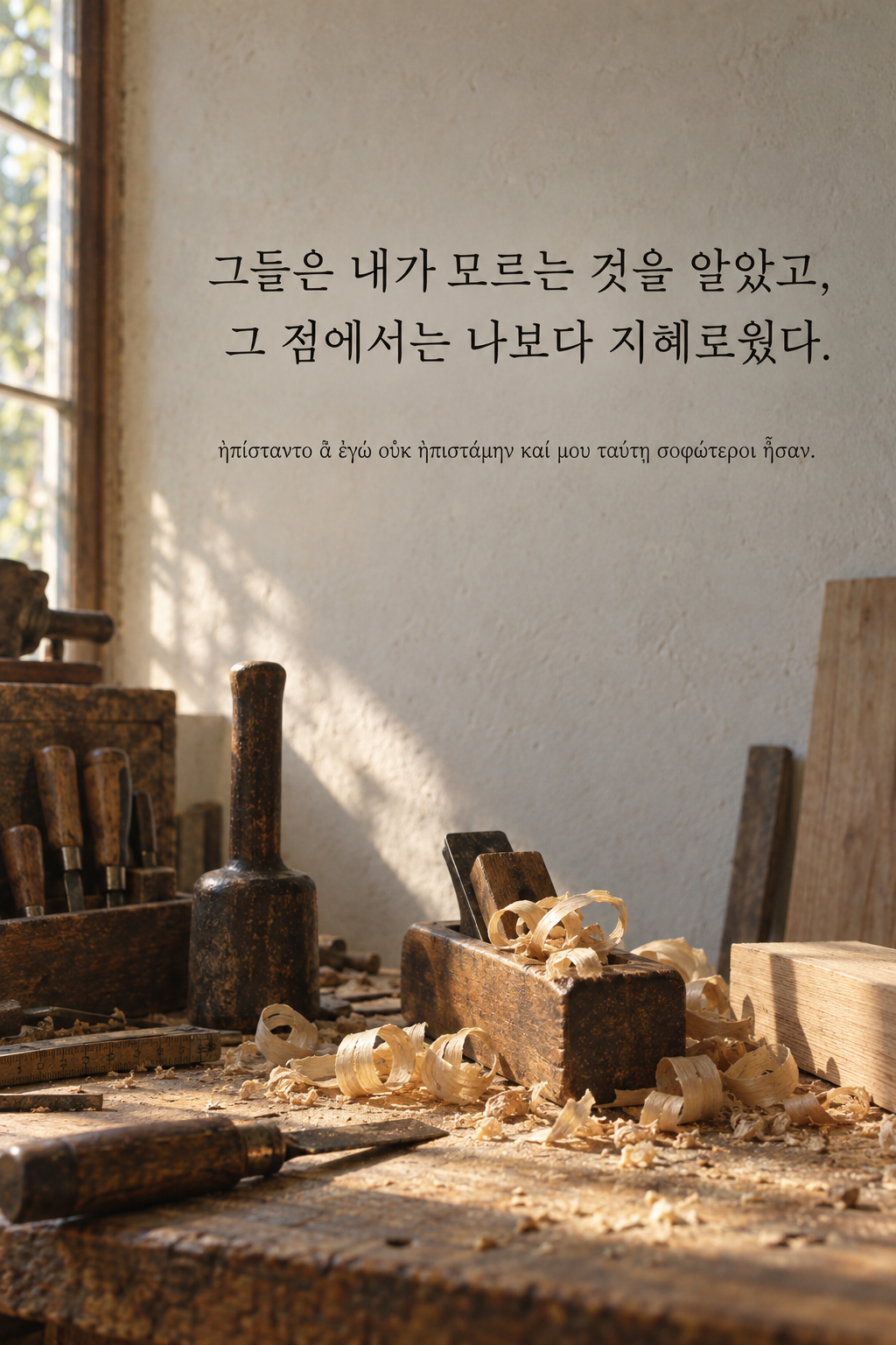 소크라테스 명언 4 &mdash; 그들은 내가 모르는 것을 알았고, 그 점에서는 나보다 지혜로웠다. &mdash; 오래 사용한 목공 도구와 나무 조각