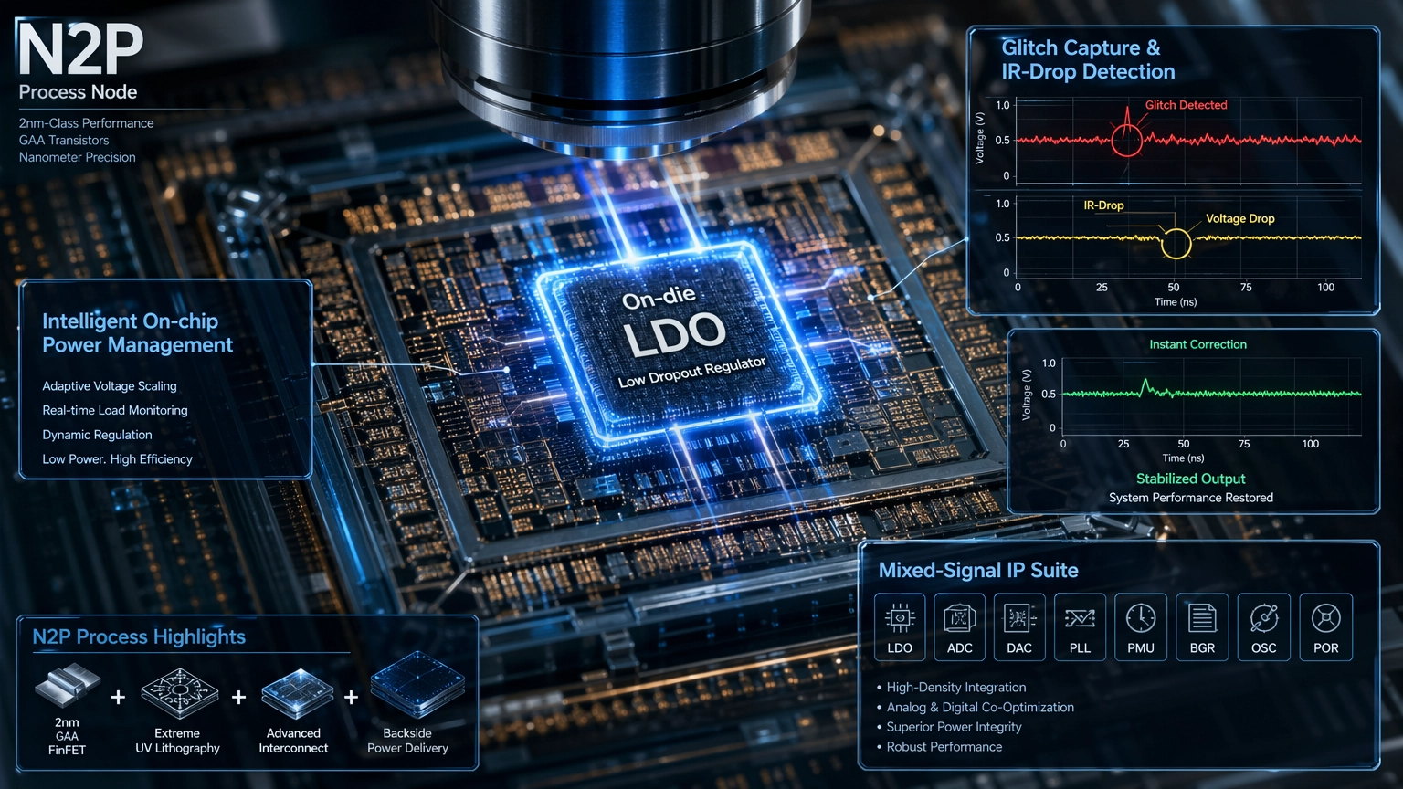 TSMC의 차세대 N2P(2nm급) 공정을 기반으로 한 혼합신호(Mixed-Signal) IP 제품군과 지능형 온칩 전력 관리 기술을 시각화한 이미지입니다.
이미지 주요 특징:
온다이(On-die) LDO 중심 설계: 칩 내부에서 전압을 정밀하게 조절하는 LDO(Low Dropout Regulator) 모듈을 중심부에 배치하여 지능형 전력 관리의 핵심임을 강조했습니다.
실시간 오류 및 전압 강하 감지: 우측 상단의 그래프 오버레이를 통해 글리치(Glitch) 포착과 전압 강하(IR-Drop) 감지 프로세스를 시각화했으며, 시스템이 이를 즉각적으로 보정하여 출력을 안정화하는 과정을 묘사했습니다.
N2P 공정의 정밀도: 2nm급 초미세 공정의 복잡한 회로 구조와 고밀도 통합 기술을 디지털 현미경 뷰를 통해 디테일하게 표현했습니다.
혼합신호 IP 스위트: LDO 외에도 ADC, DAC, PLL 등 다양한 혼합신호 IP 구성 요소들이 유기적으로 결합된 제품군의 위상을 보여줍니다