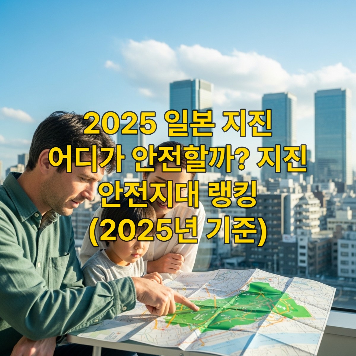 2025년 일본 지진 안전 지대 지도를 보며 가족이 안전한 여행 및 거주 계획을 세우는 모습