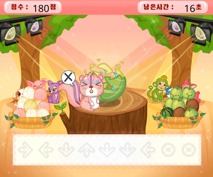 과일깎기-기네스북-플래시게임-플레이-핑크색-다람쥐가-메론-깎기에-실패한-화면