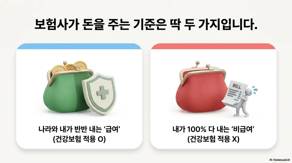 실손보험 청구서류: 보험사가 보험금을 지급하는 기준인 급여와 비급여의 차이를 초록색과 빨간색 지갑으로 비교 설명하는 인포그래픽 이미지. 이 이미지는 건강보험 적용 여부에 따른 급여 비급여 구분을 시각적으로 전달하며&amp;#44; 블로그의 실손보험 자기부담금 구조와 관련된 내용을 설명함
