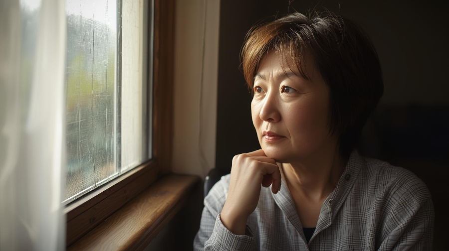 창가에 앉아 기억을 되짚는 듯한 여성의 모습, 조용한 아침 분위기 속 사색하는 장면