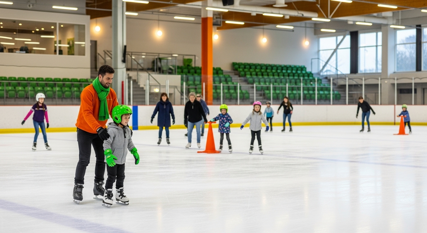 현대적이고 쾌적한 의정부 실내 빙상장에서 스케이트를 배우는 가족과 어린이들.