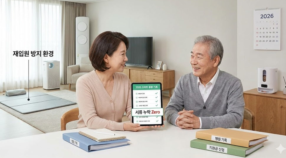 재입원 방지를 위해 가정 환경을 정비하고 서류 누락 없이 관리하는 노인 부부의 퇴원 후 관리 장면