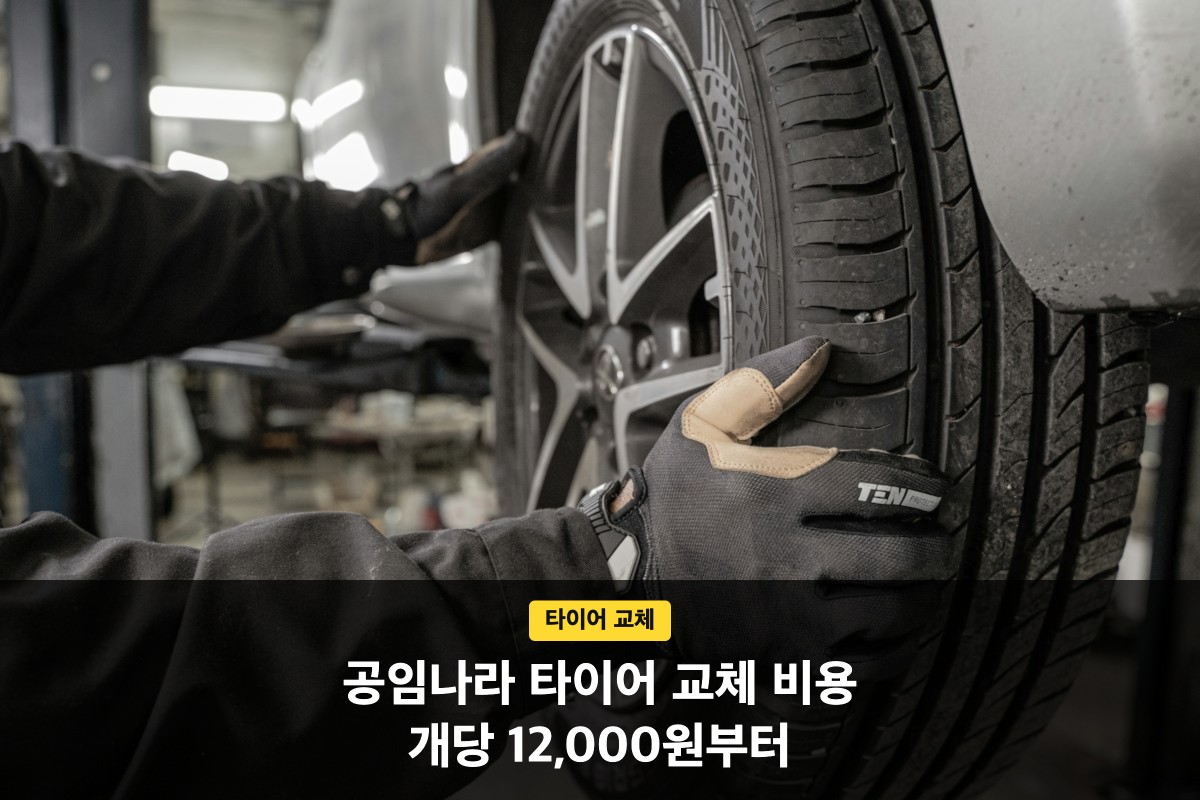 정비소 리프트 위에서 장갑 낀 손으로 승용차 타이어를 잡고 있는 공임나라 타이어 교체 비용 썸네일