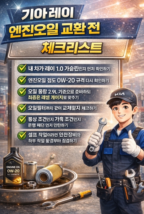 기아 레이 엔진오일 교환법 총정리, 교환주기&middot;용량&middot;0W-20 규격까지 한 번에