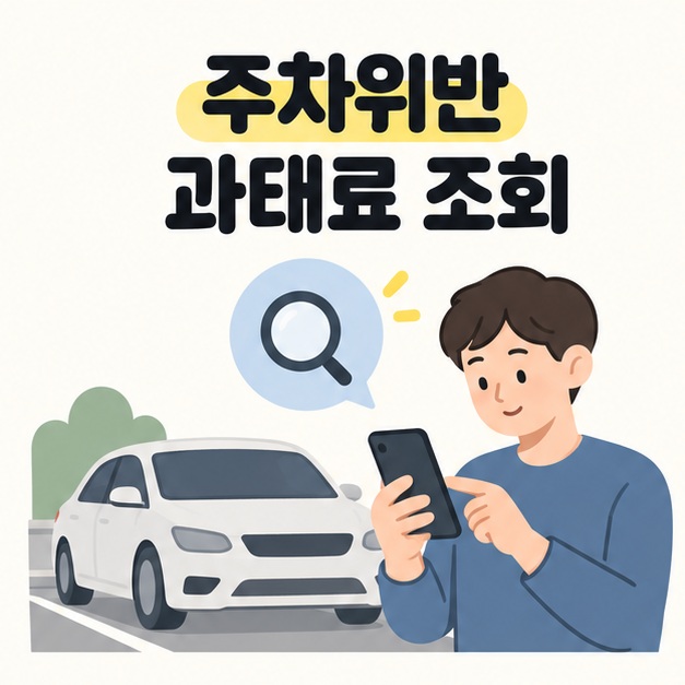 주차위반 과태료 조회 문구 아래 주차된 흰색 승용차 옆에서 스마트폰을 확인하는 남성과 돋보기 그림