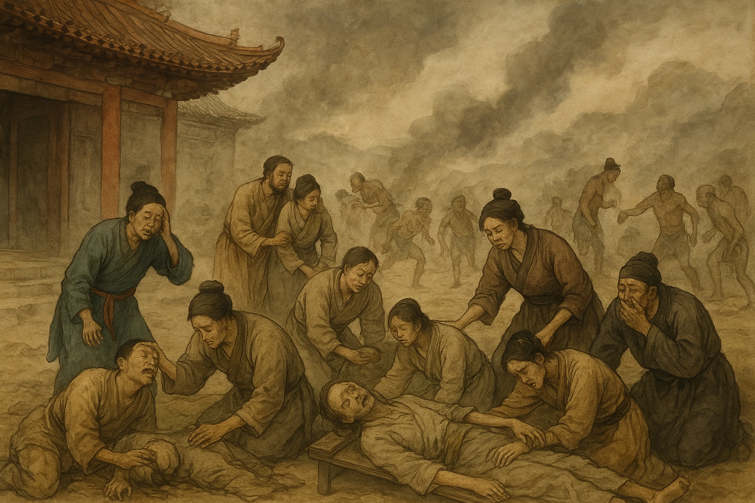고대 중국에서 전염병으로 고통받는 사람들과 쓰러진 환자를 돌보는 장면.