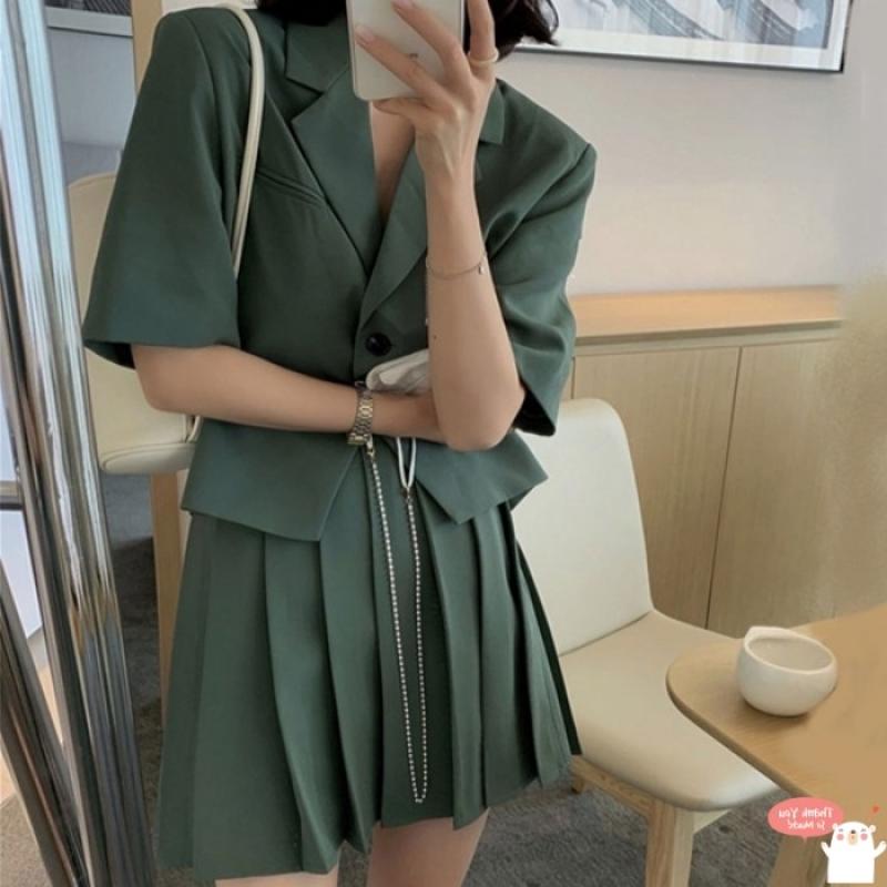 봄여성자켓 여성 정장 자켓 반팔 20대 30대 주름 플리츠 스커트 치마 투피스 세트 M