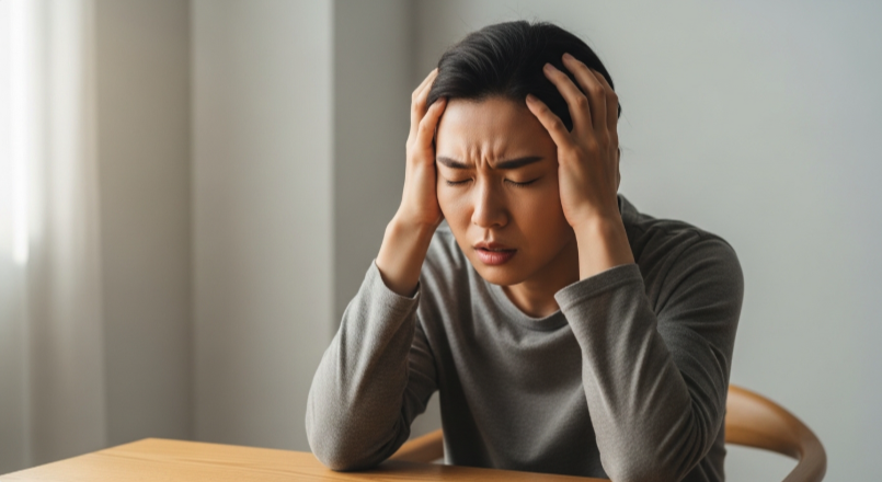 머리 통증 원인을 구분하려고 고민하는 모습