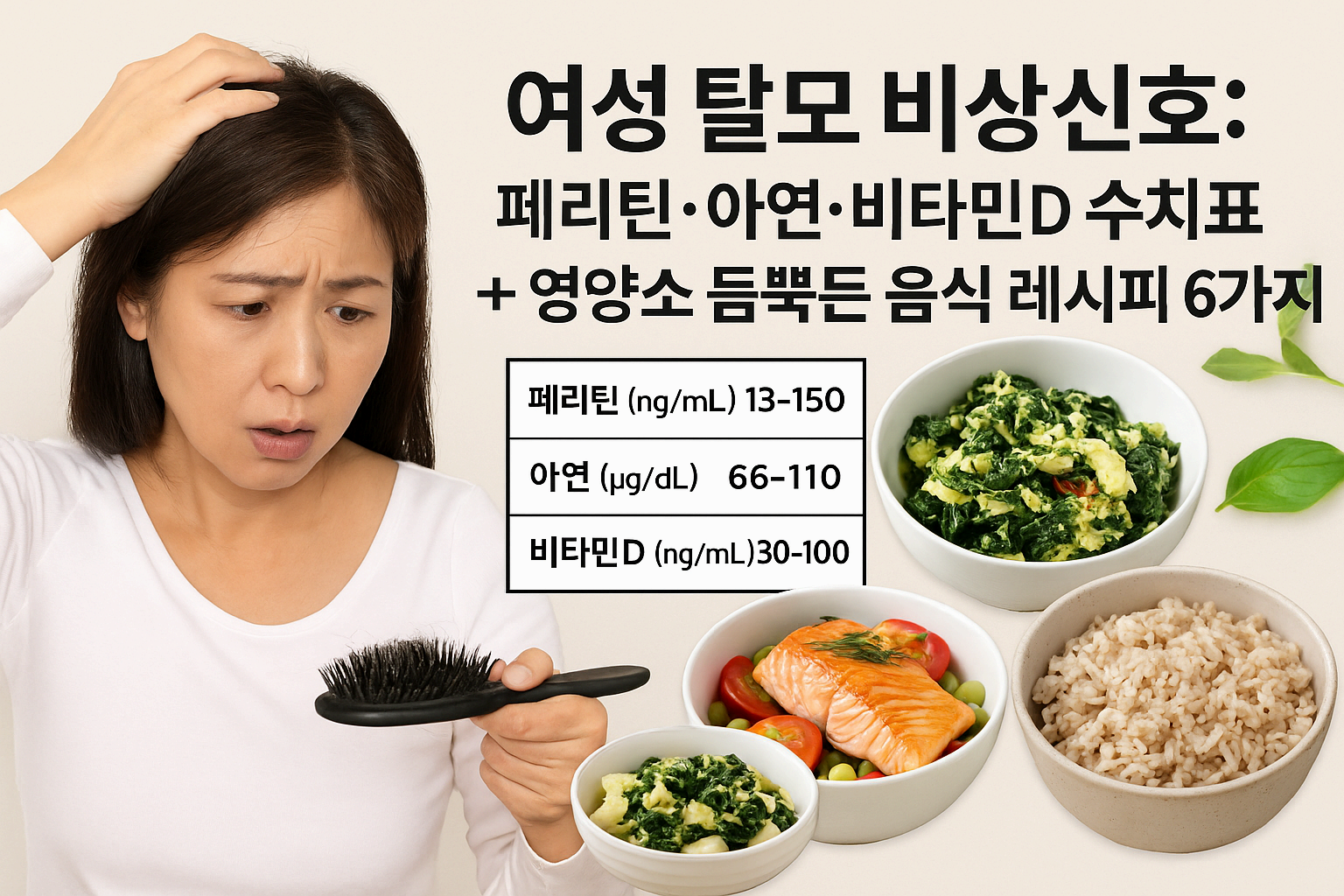 여성 탈모 비상신호: 페리틴&middot;아연&middot;비타민D 수치표 + 영양소 듬뿍든 음식 레시피 6가지