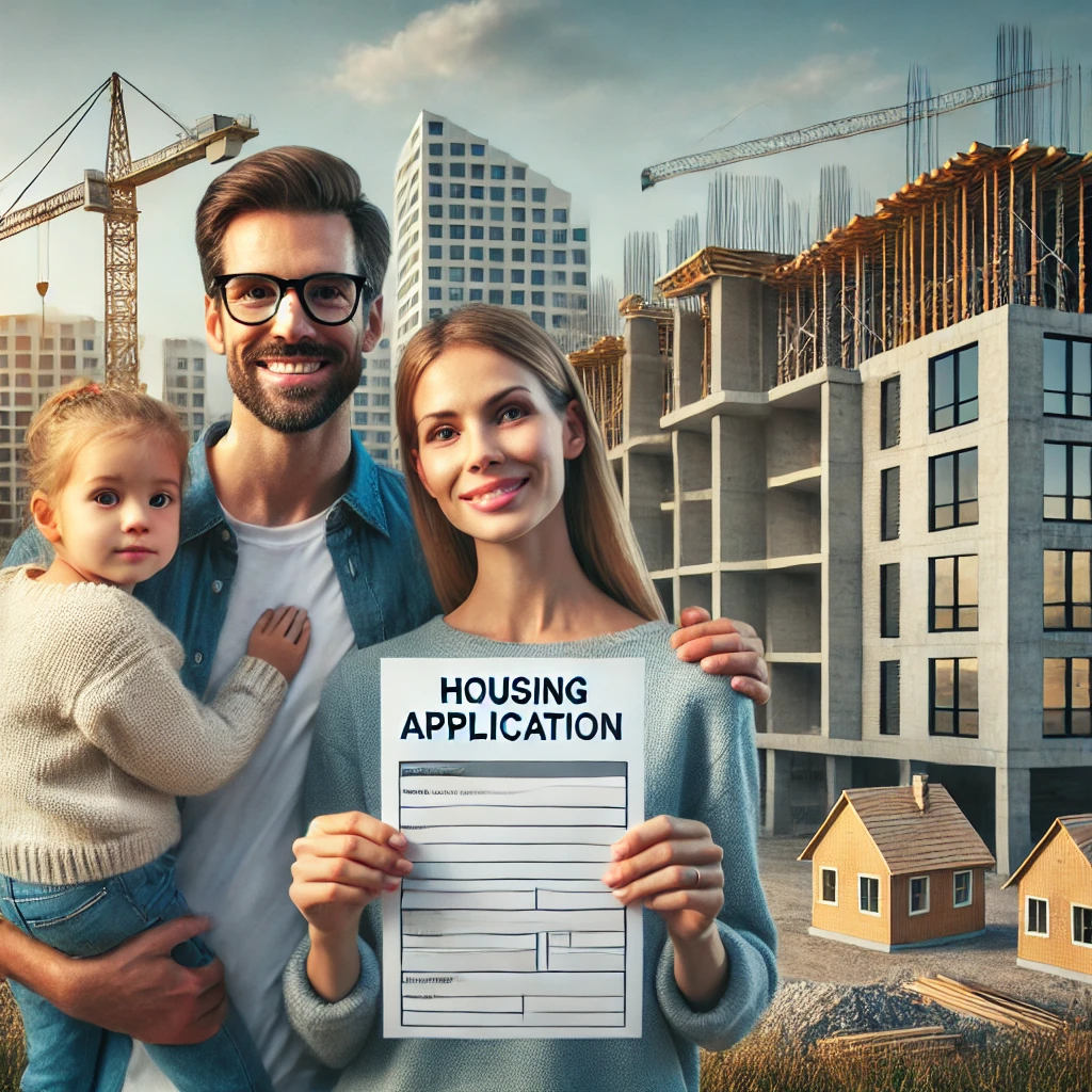 가족이 아파트 청약 신청서를 들고 건설 중인 현대 아파트 단지 앞에 서 있는 모습. 가족은 기대에 찬 표정으로 미래의 집을 꿈꾸고 있습니다. 배경에는 크레인과 건축 자재들이 보이는 큰 공사 현장이 있습니다.