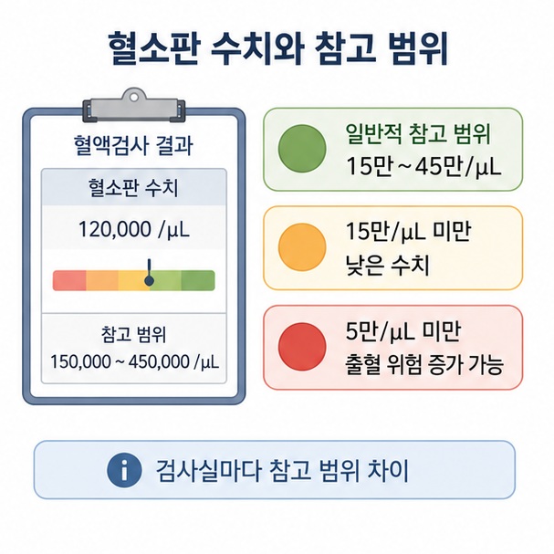혈소판의 일반적 참고 범위와 낮은 수치 기준, 출혈 위험이 높아질 수 있는 구간을 비교한 이미지