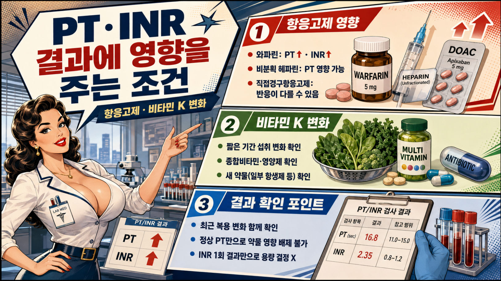 항응고제와 비타민 K 변화가 PT·INR 결과에 미치는 영향을 설명하는 메디컬 인포그래픽