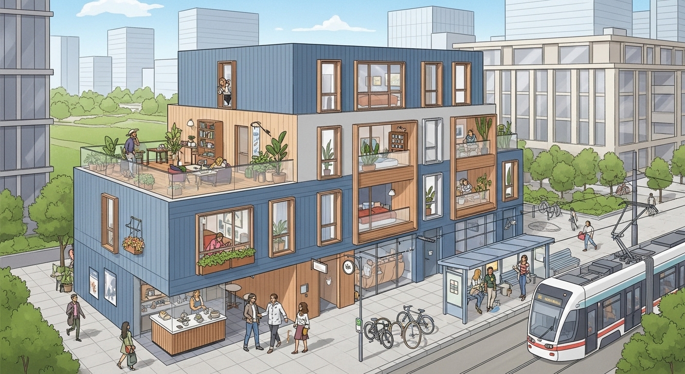 1인 가구와 신혼부부를 위한 현대적인 소형 아파트 내부와 외부 전경, 효율적인 공간 활용이 돋보이는 모습.