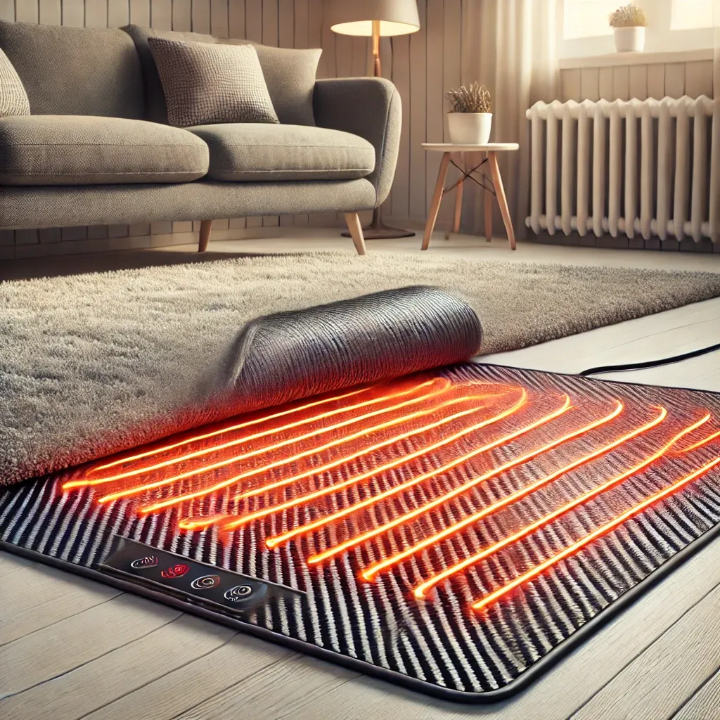 카본매트가 카펫 아래 설치된 모습과 균일한 열 분포를 보여주는 실내 장면