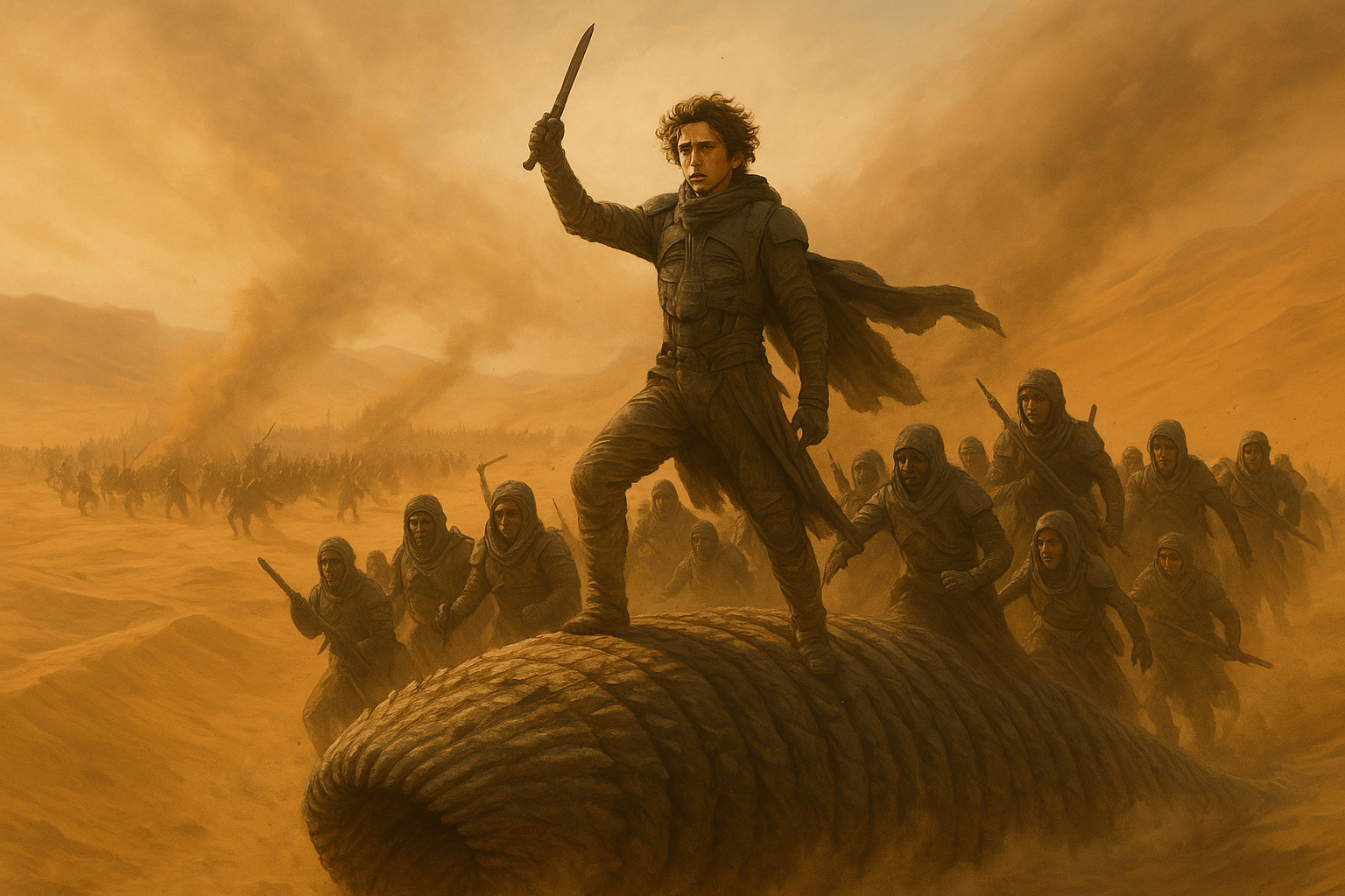 듄 파트2 사막 전투 장면 속 프레멘과 폴