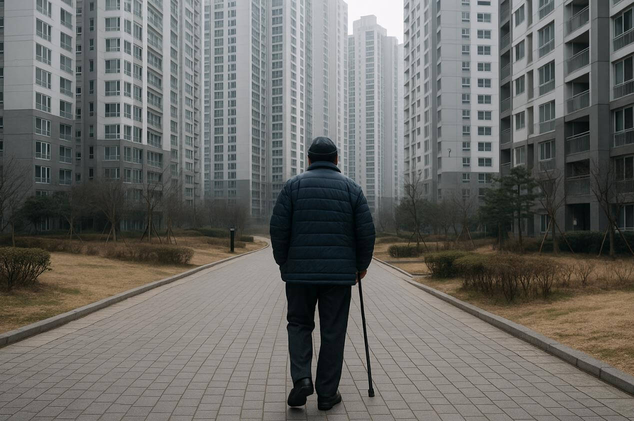지팡이를 든 노인이 아파트 단지 길을 천천히 걷는 모습.