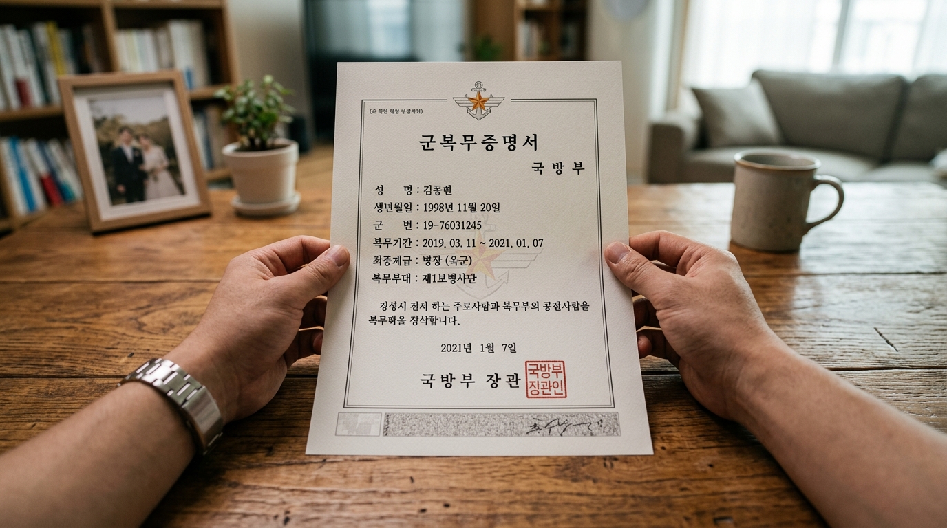 신청 자격 확인을 위해 병역증명서를 확인하는 모습.