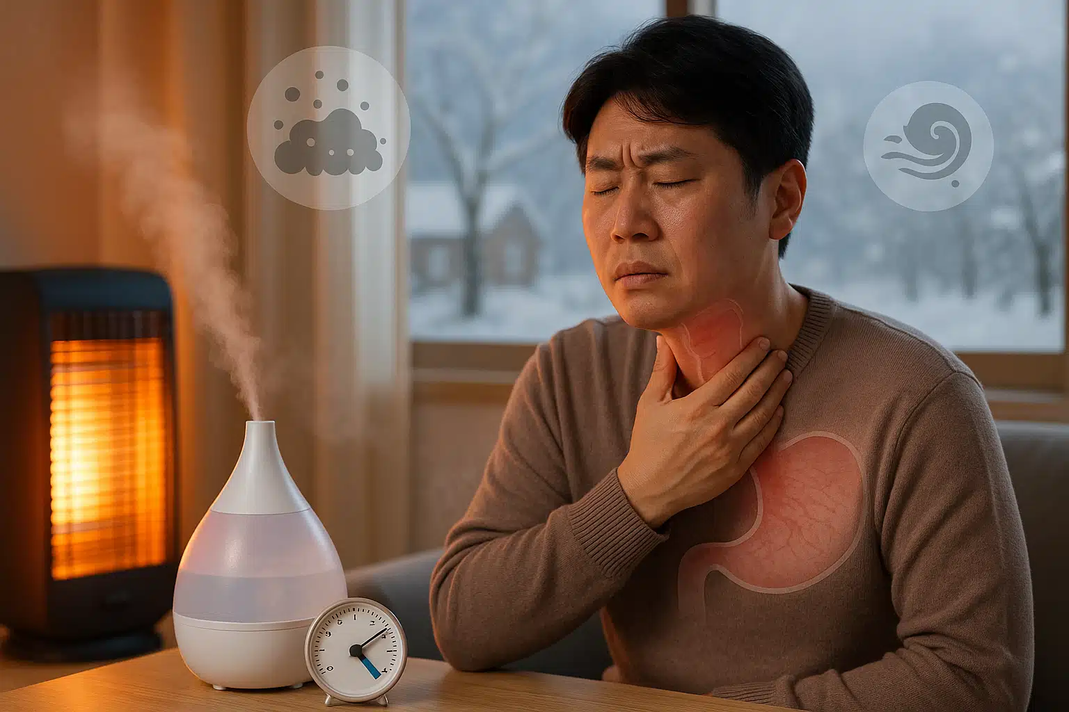 겨울철 난방기 옆에서 목이 건조해 불편한 표정의 인물, 실내 습도계, 가습기 작동 장면, 미세먼지와 황사 아이콘이 함께 있는 인포그래픽