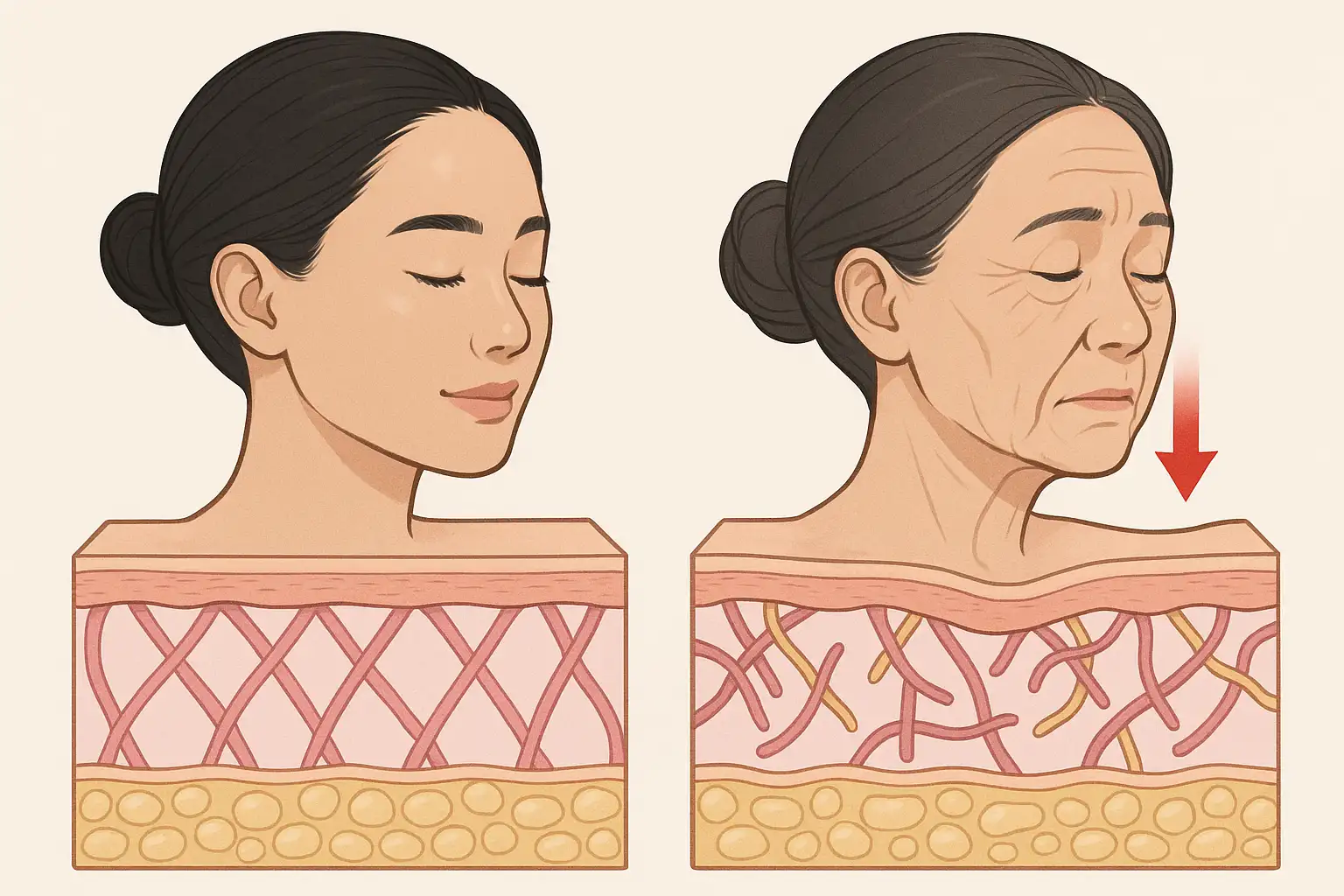 젊을 때는 촘촘한 콜라겐·엘라스틴 구조, 나이 든 피부는 끊어지고 성긴 모습. 피부가 아래로 처지는 모습