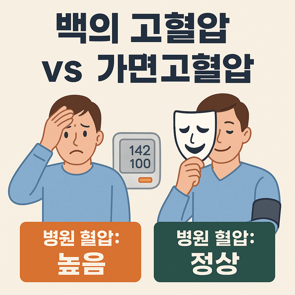 백의 고혈압과 가면 고혈압을 비교한 일러스트