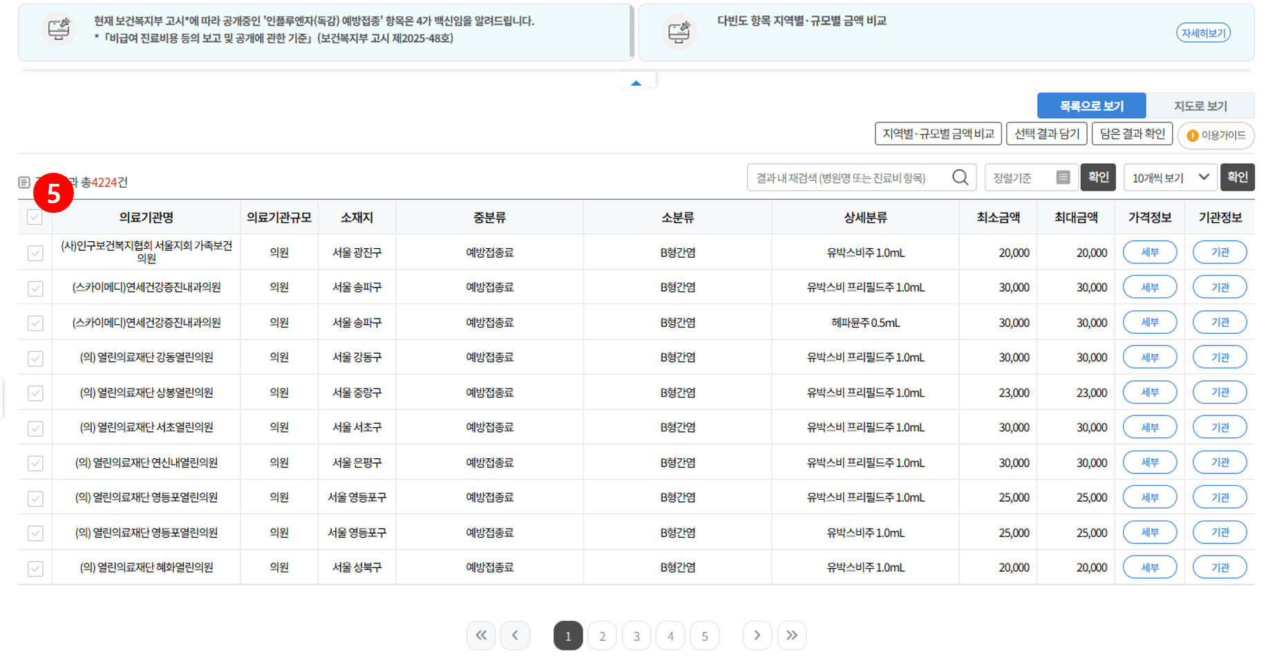 B형 간염 예방접종 병원 비용