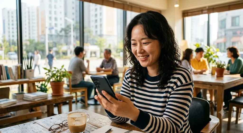 스마트폰으로 AI 챗봇과 대화하며 미소 짓는 평범한 한국 사람