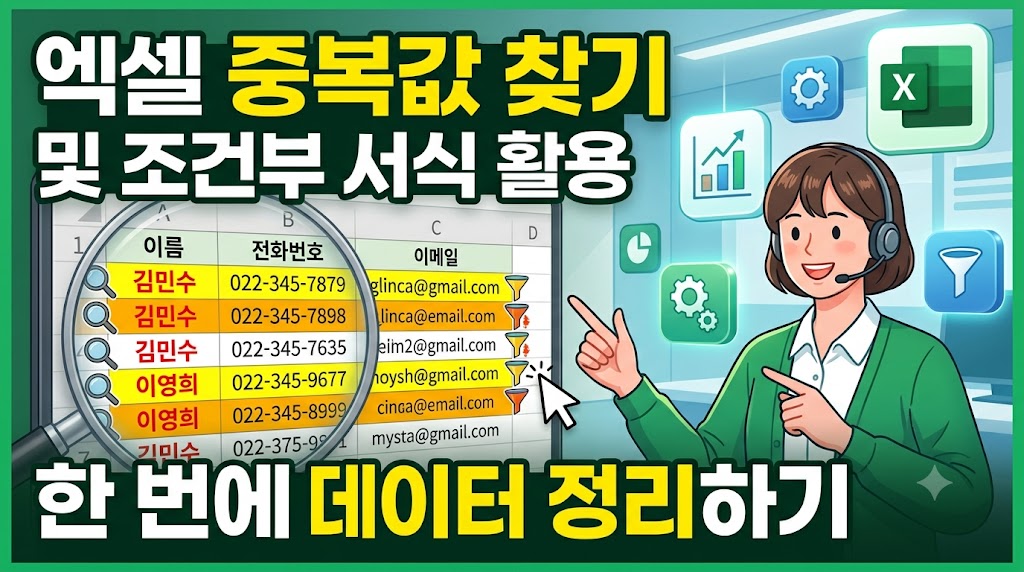 엑셀 시트에서 조건부 서식으로 중복값을 강조 표시하고 중복 항목 제거 메뉴를 실행하는 화면