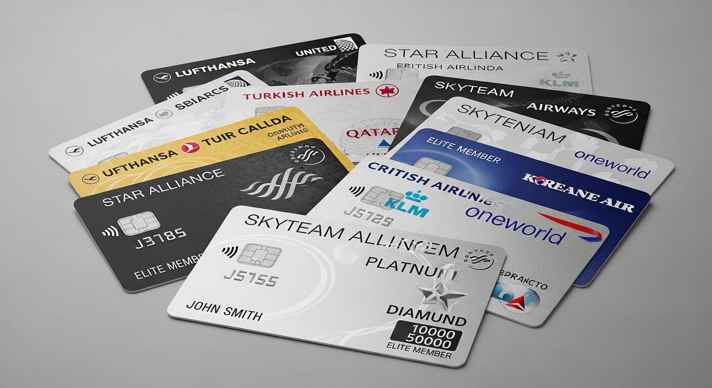여러 장의 항공사 멤버십 카드가 겹쳐진 상태로 배치된 모습