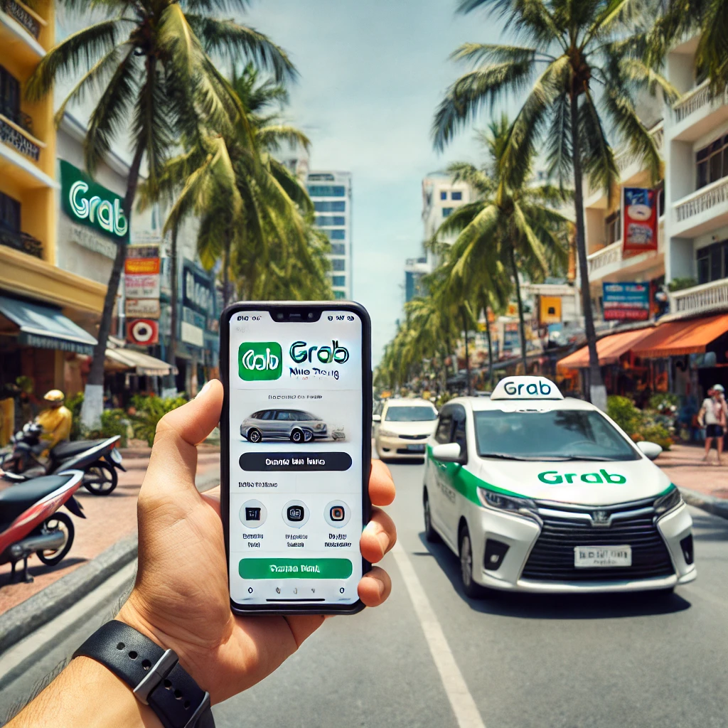 나트랑에서 그랩 호출하는 모습과 앱 화면