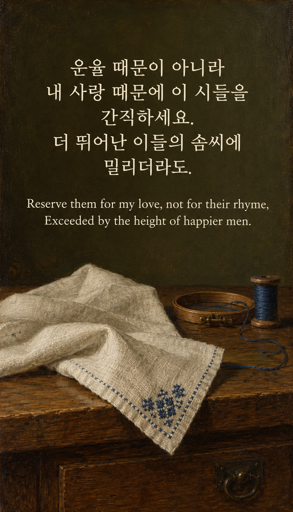 기교보다 먼저인 마음: 운율 때문이 아니라 내 사랑 때문에 이 시들을 간직하세요. 더 뛰어난 이들의 솜씨에 밀리더라도. 해당 시대 그림체, 푸른 기하학 자수가 놓인 리넨 손수건과 목제 자수틀, 실.