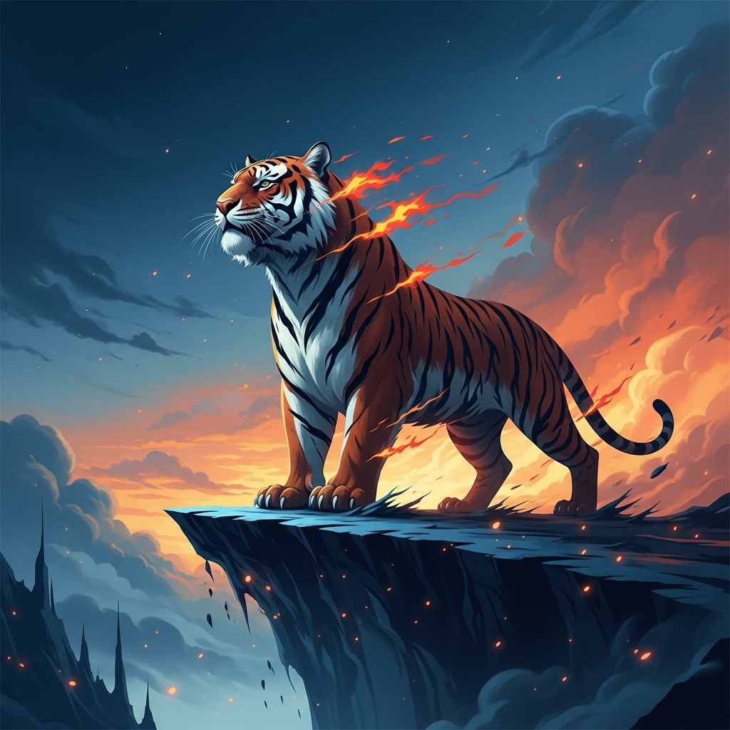 2026년 붉은 말의 해, 역동적인 에너지를 내뿜으며 미래를 바라보는 위풍당당한 호랑이의 모습. 새로운 도약을 상징하는 배경.