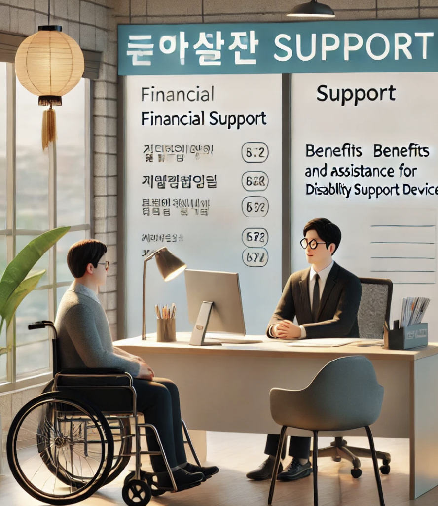 사무실에서의 장애인 보조기기 지원 상담 장면