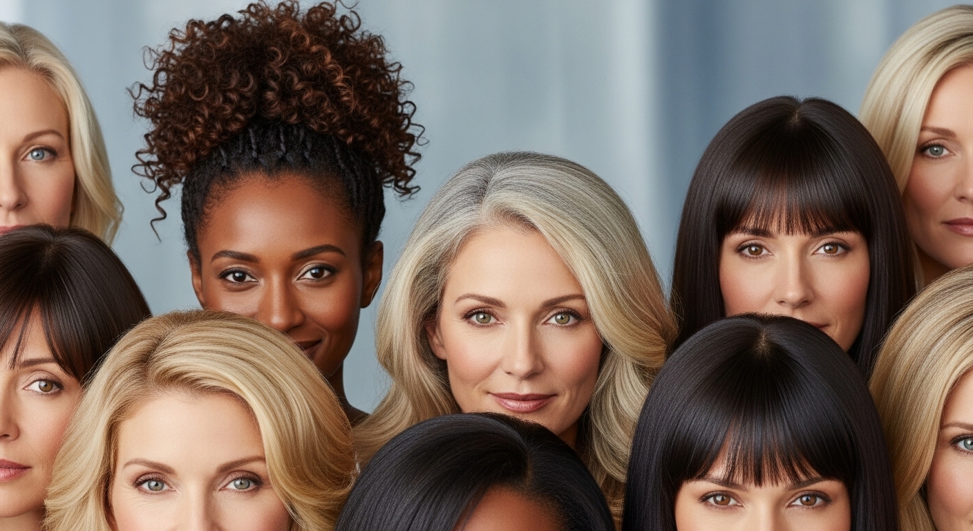 건강하고 윤기 나는 머리카락을 가진 40~50대 여성들의 클로즈업 이미지. 다양한 헤어스타일과 풍성한 볼륨이 돋보이며, 건강한 두피 관리를 암시한다.