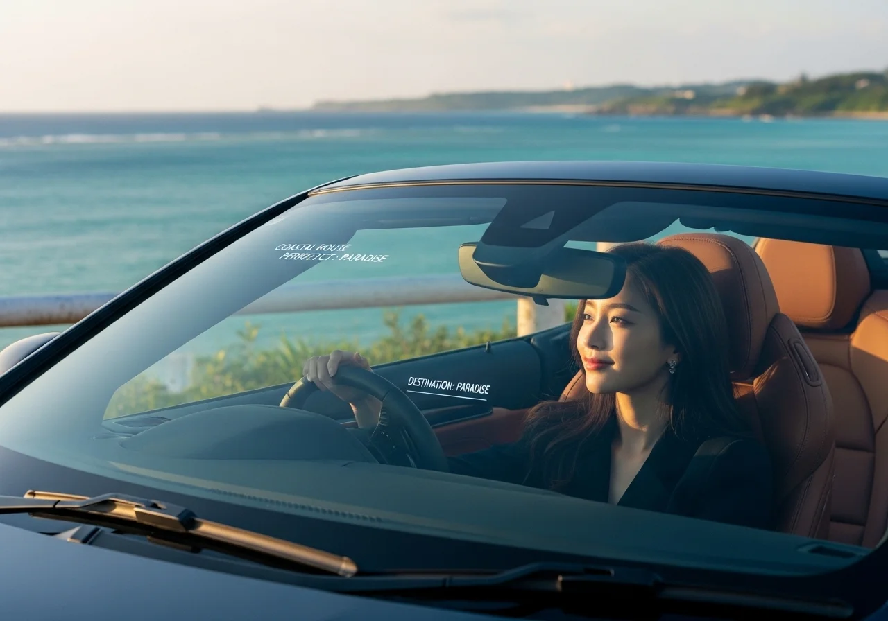 오키나와에서 고급렌트카를 이용해서 자유를 만끽하는 아름다운 여행자의 모습