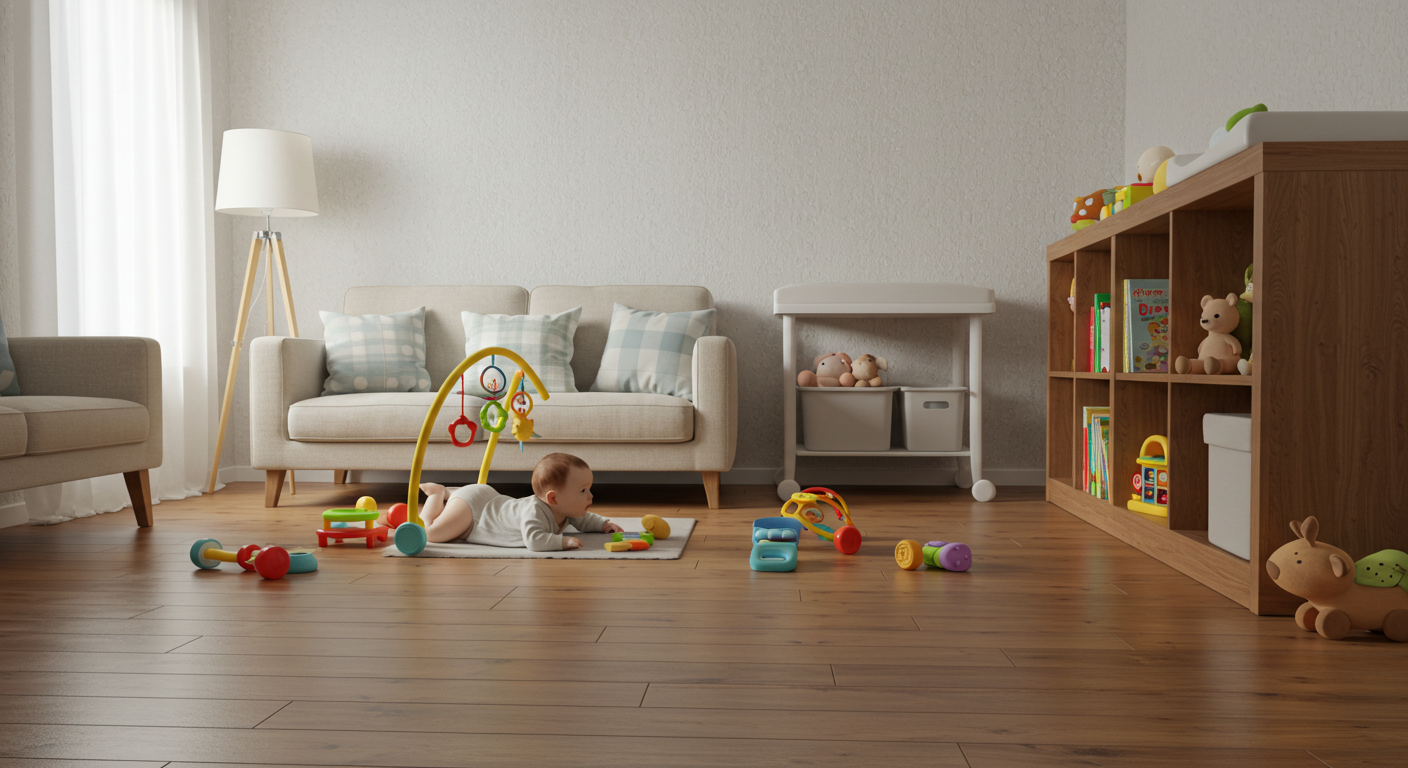 바닥에 누워서 장난감을 바라보는 아기