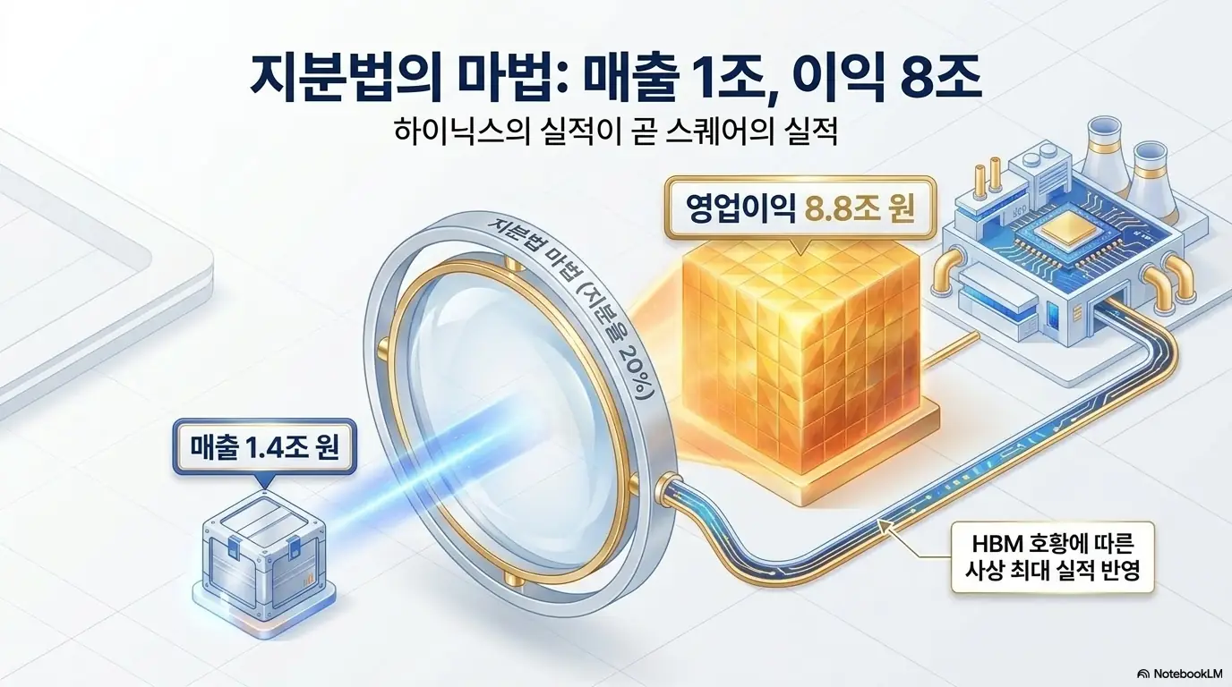 SK스퀘어 주가 전망: SK스퀘어 실적의 핵심인 지분법이익을 돋보기로 확대해 표현한 이미지. 매출은 1.4조 원에 불과하지만 SK하이닉스 지분법이익(약 20%)이 반영되며 영업이익이 8.8조 원으로 커지는 구조를, HBM 호황에 따른 사상 최대 실적과 함께 설명함