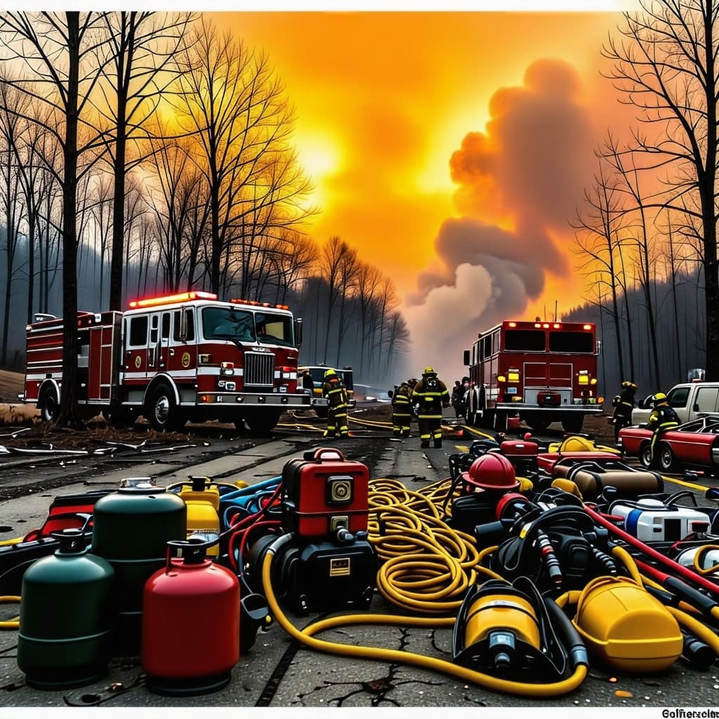 산불 진압을 위한 장비와 차량이 배치된 모습.