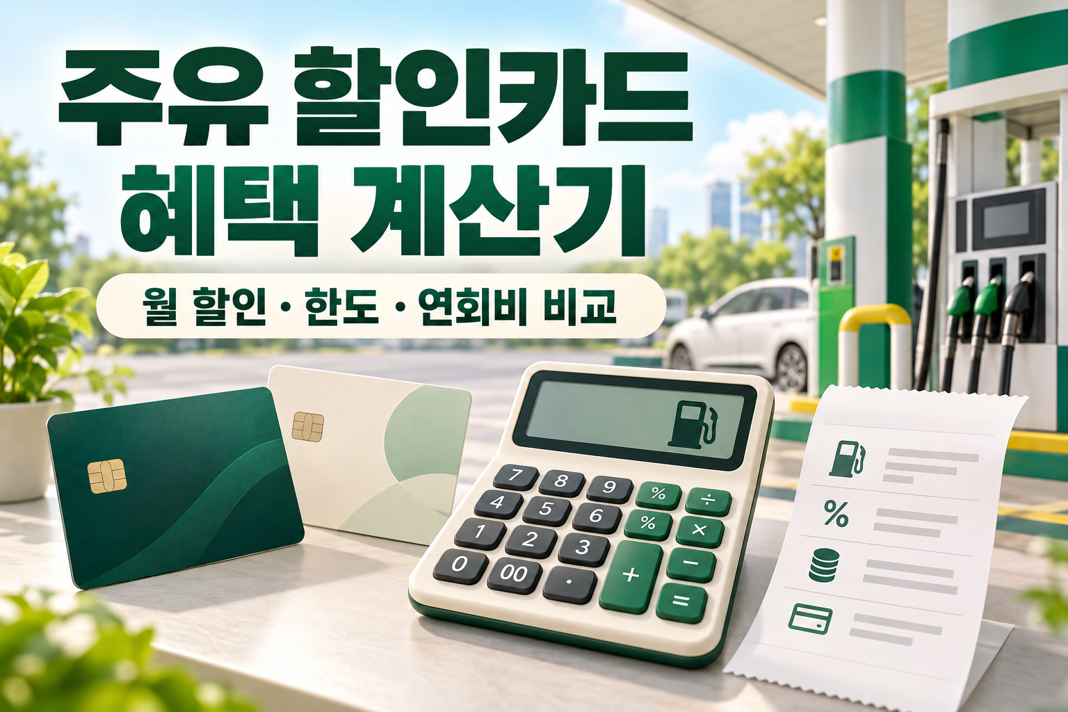 주유 할인카드 혜택 계산기 - 월 할인·전월실적·한도·연회비 비교