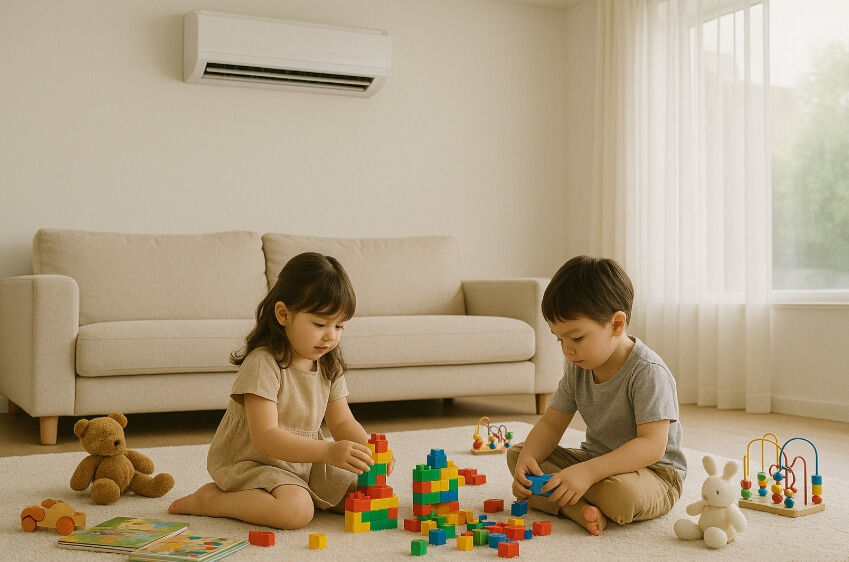 거실에 설치된 벽걸이 에어컨 아래에서 블록놀이를 하는 남매. 청결한 실내 공기와 어린이 건강을 상징하는 장면.