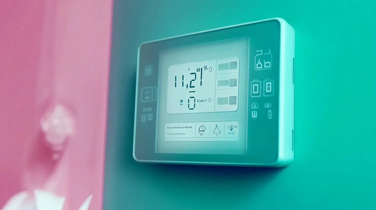 스마트 홈 인터페이스에서 에어컨 필터 교체 알림이 표시되며, 조화로운 파스텔 색조가 세련된 배경을 제공합니다. 인체공학적이고 지능적인 홈 환경에서 효율성을 높입니다.