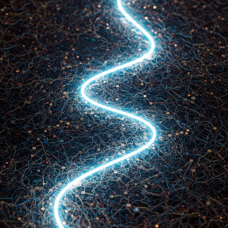 여러 복잡한 검은색 실선 위로 밝게 빛나는 단 하나의 푸른색 길이 나타나는 추상적인 인포그래픽 일러스트