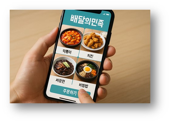 한국에서 주문배달 앱으로 가장 많이 사용하는 배달의민족 앱을 사용해서 스마트폰으로 주문하는 모습