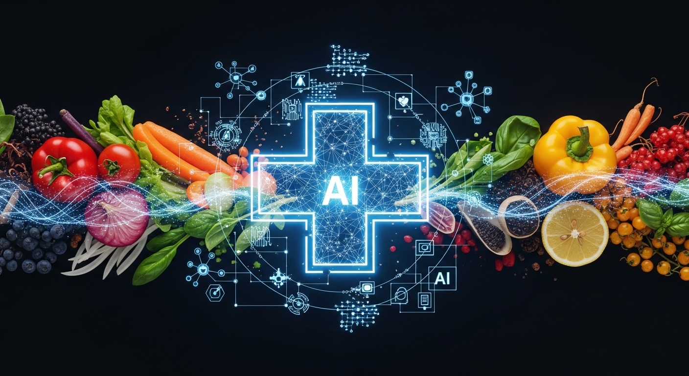 미래지향적인 AI 헬스케어 아이콘과 신선한 식재료가 조화된 세련된 이미지