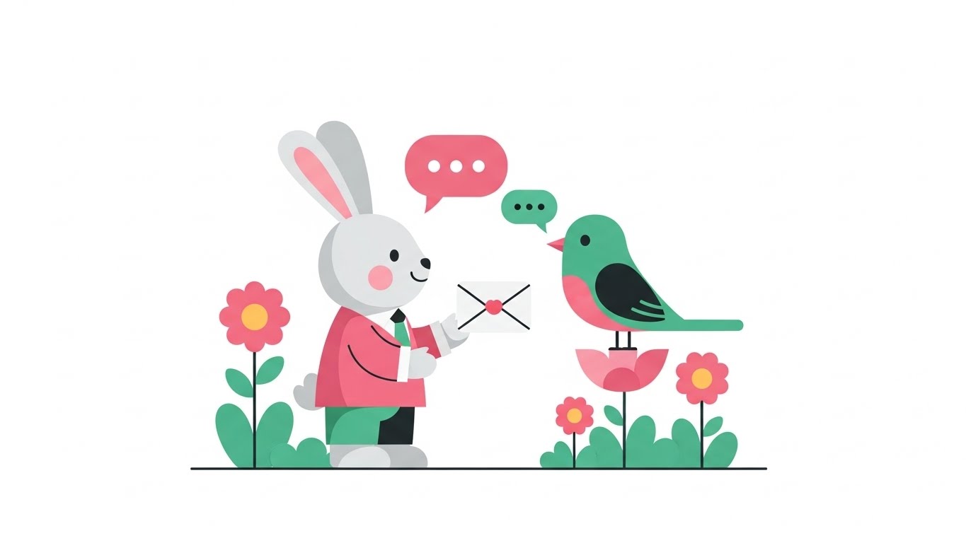 꽃밭에서 새 친구와 편지를 주고받으며 즐겁게 소통하는 토끼 캐릭터 일러스트